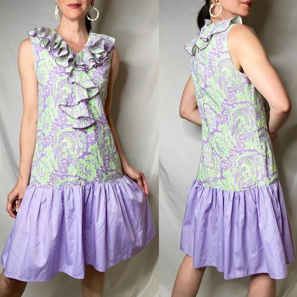 Vintage 60s ruffle front paisley print drop waist midi dress lilac purple green - Picture 12 of 15